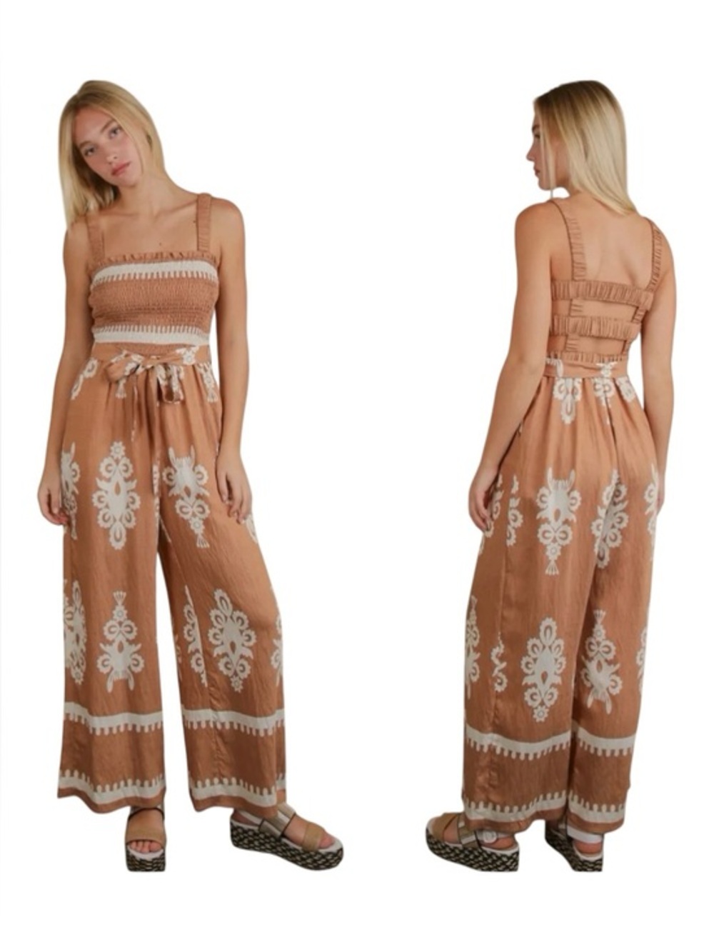 NWT New’M Boho Wide Leg Jumpsuit Brown Cream Smocked Tie Waist Size Small